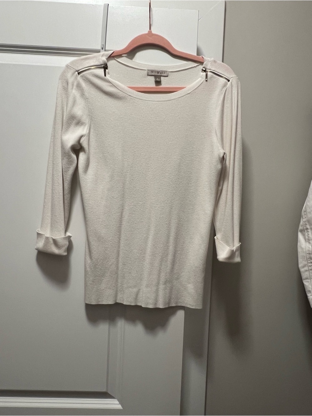 Cream Zip-Shoulder Knit Top